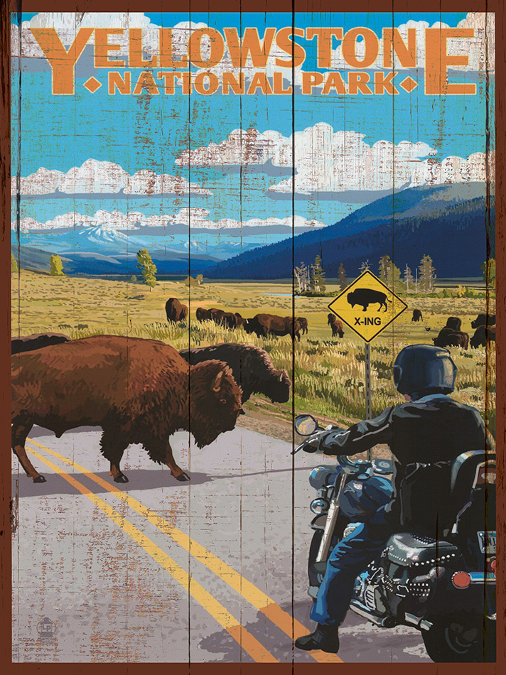 Yellowstone - Buffalo + Biker - Wood - 22x30 cm
