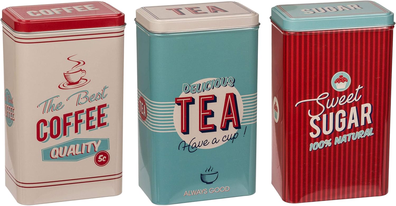 Set blikken Coffee-Tea-Sugar - rood-beige-lichtblauw