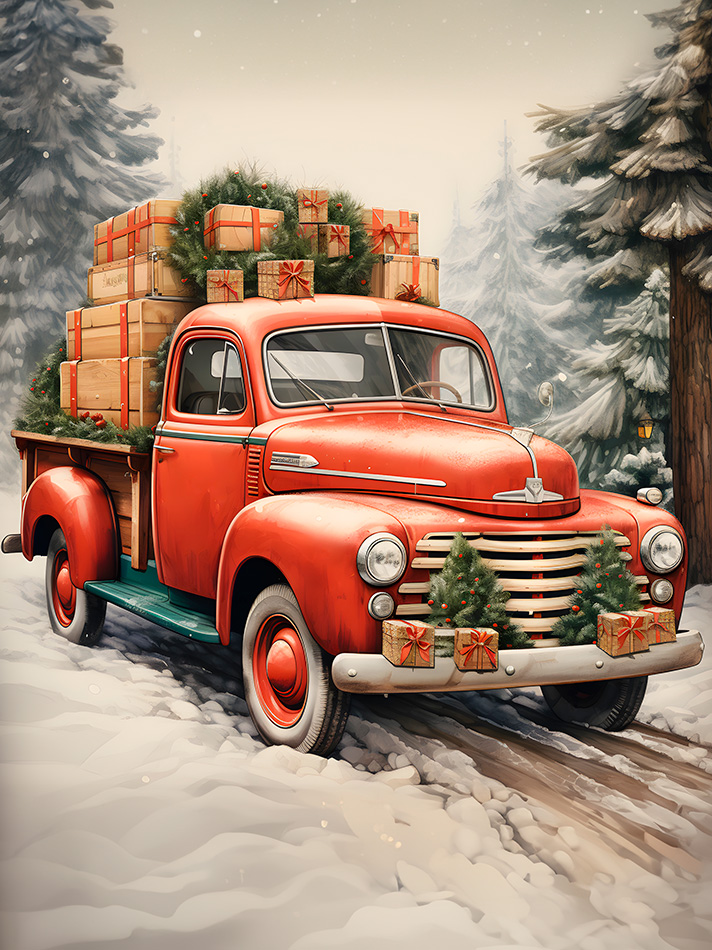 XMAS Red Truck with Gifts - Wood - 22x30 cm