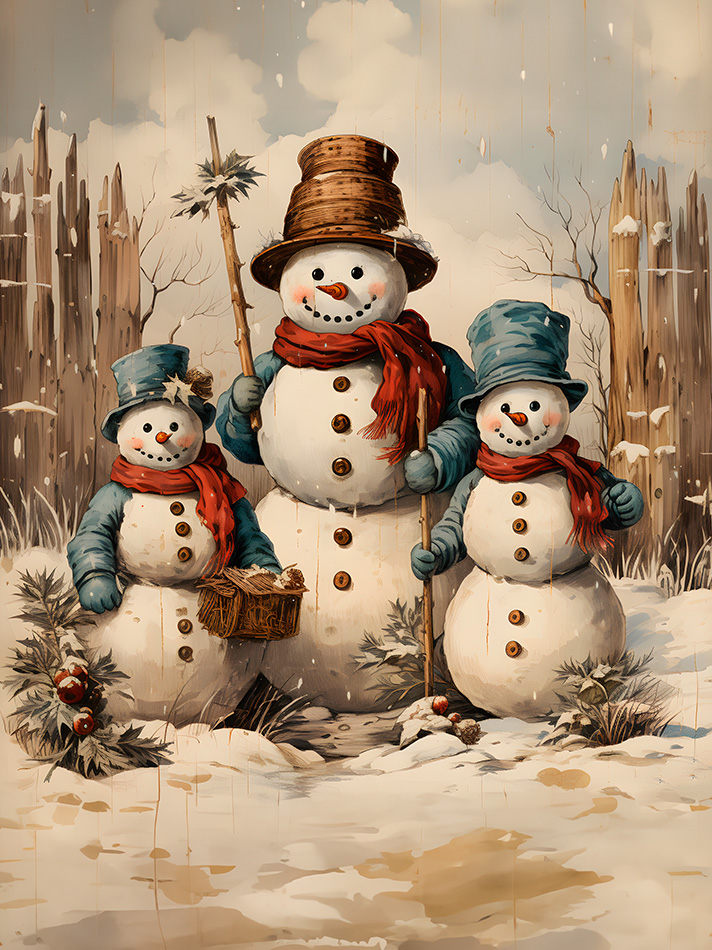 XMAS Three Snowman - Wood - 22x30 cm